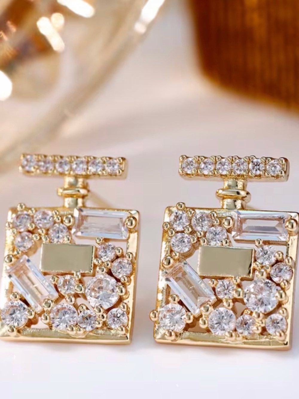 Gold Crystal Square  NWT Perfume shape Earrings - Women Jewelry
